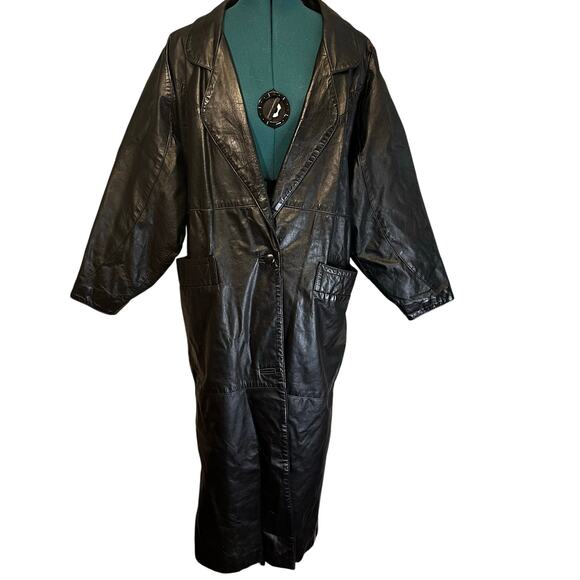 Vintage Hide Out Genuine Leather Trench Coat Black Longline 80s Oversized Small - Picture 3 of 9